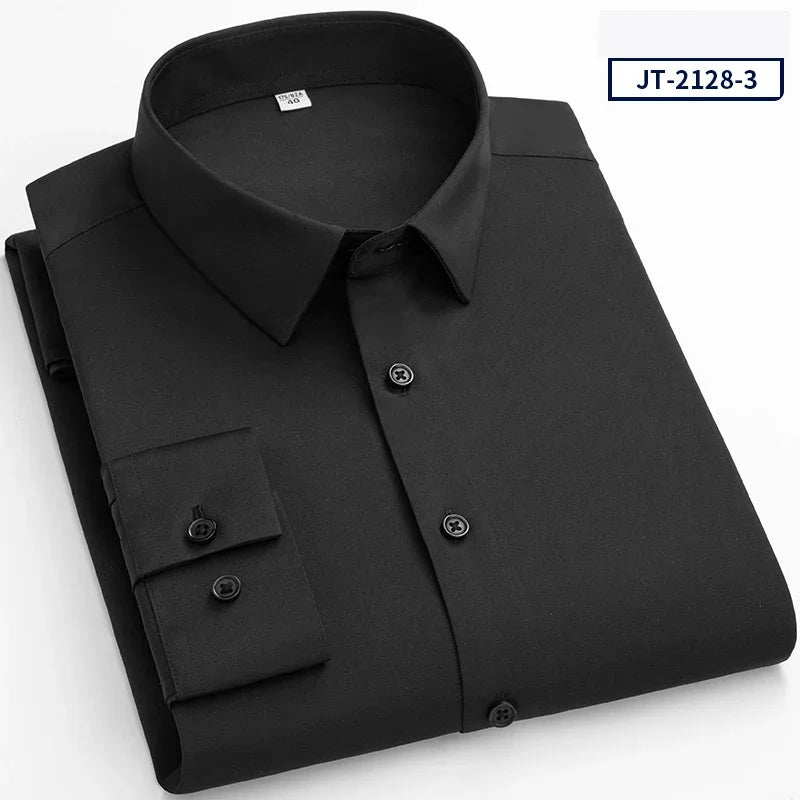 Over Size Solid Color Long-Sleeve Shirts for Men Slim Fit Formal Plain Shirt Elastic Single Pocket Tops Business Dress Clothes