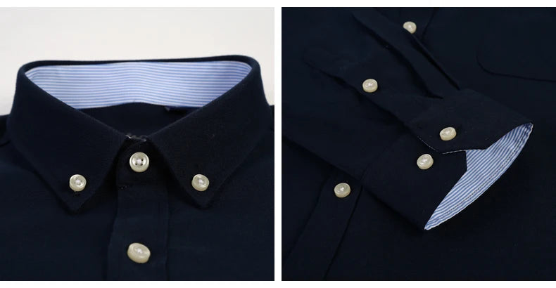 Cotton Oxford Shirt For Men Long Sleeve Plaid Striped Casual Shirts Male Pocket Regular-Fit Button-Down Work Man Dress Shirt