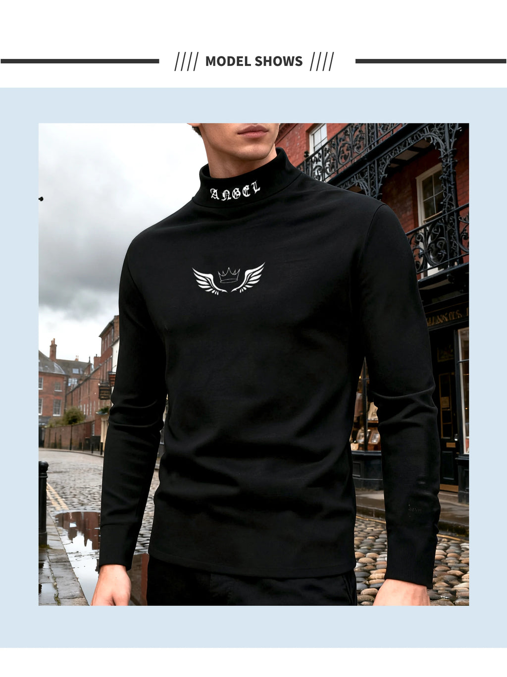Men's Autumn and Winter Season T-Shirt with Angel Wings, Letter Print on the Neckline, Casual and Comfortable Long-Sleeve Crew N