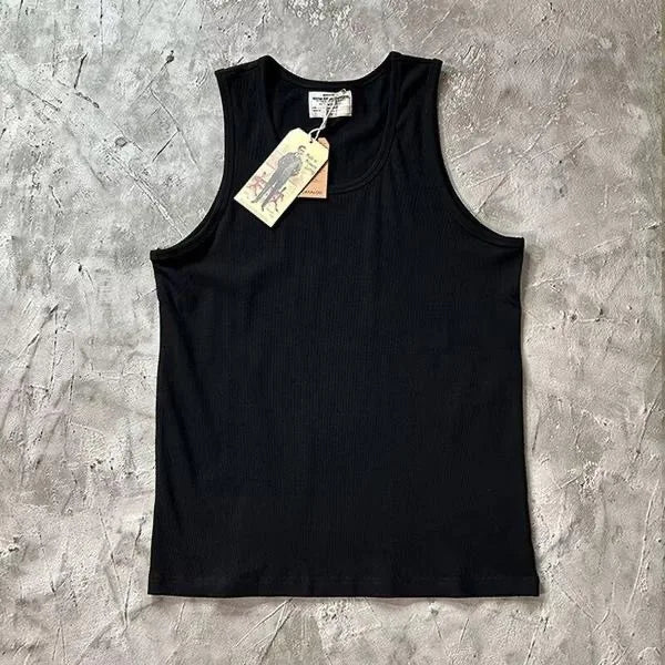 Retro Ribbed Knitted Pure Cotton Fitness Tank Top Men's Summer Tight Fit Elastic Sportswear White Base Layer Vest Sweat Absor...