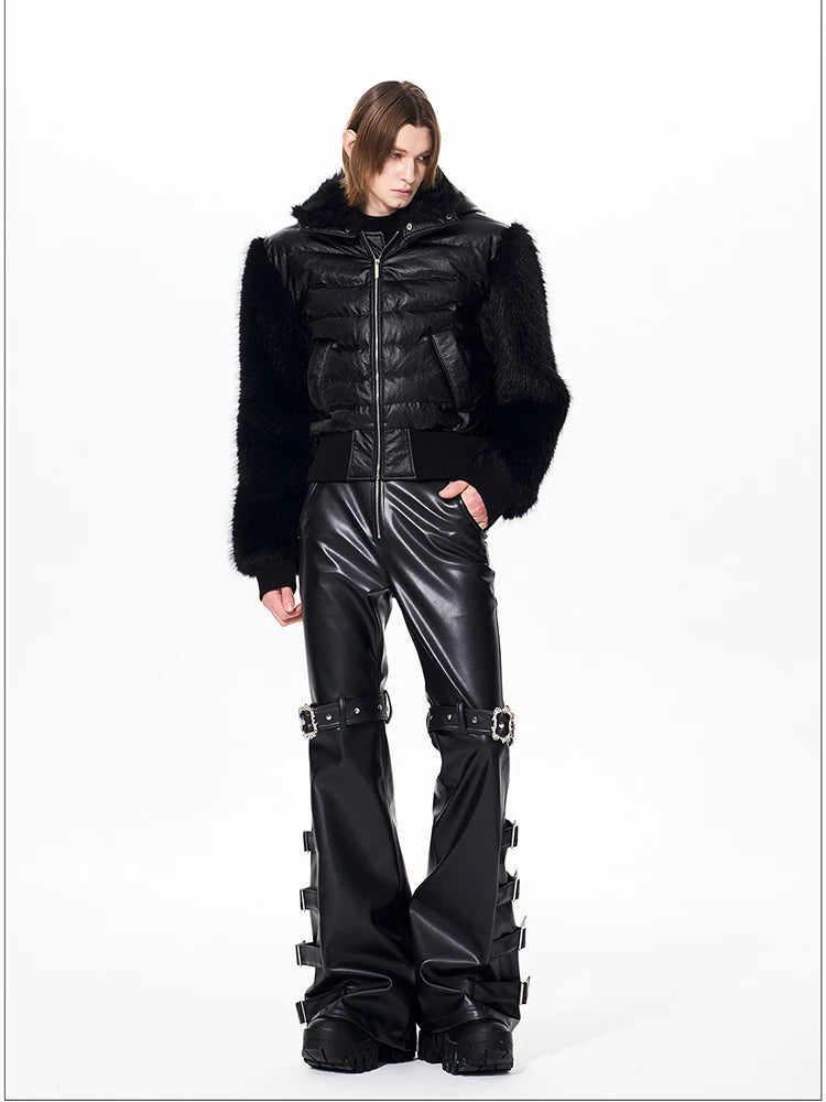 Mauroicardi Spring Autumn Cool Handsome Long Black Pu Leather Flare Pants for Men Rivet Luxury Designer Alternative Emo Clothes