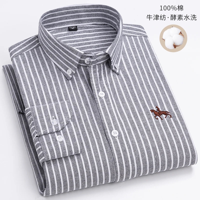 100% Cotton Oxford Shirt For Men's Long Sleeve Solid Casual Business Regular-Fit Formal Dress Shirts Social Blouse Male Clothes