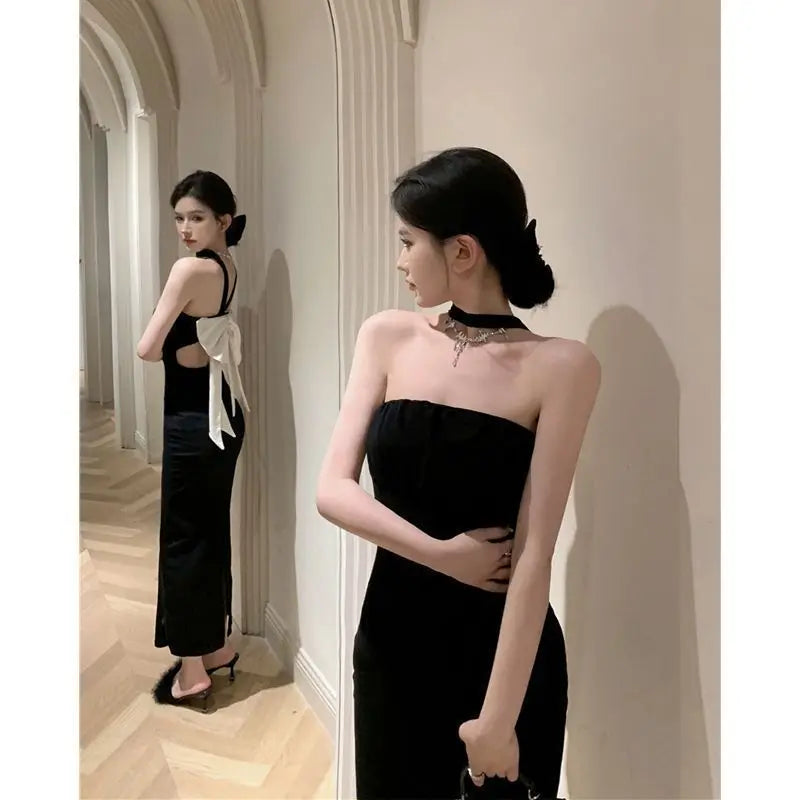 Birthday Dress For Women Vestidos De Mujer Summer French Backless One Shoulder Women's Spring Black Bow Sleeveless