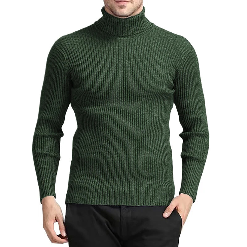 New Men's Turtleneck Sweaters Autumn Knitted Striped Streetwear Warm Long Sleeved Pullover Breathable Solid Color Basic Coat