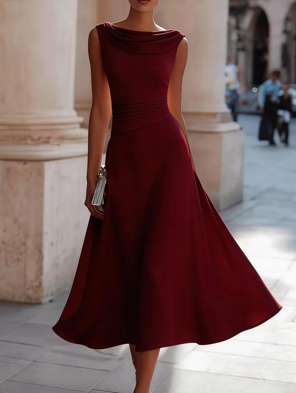 Women Draped Cowl Neck Sleeveless Waist Ruched Midi Dress Elegant Formal Wedding Guest Swing Dress