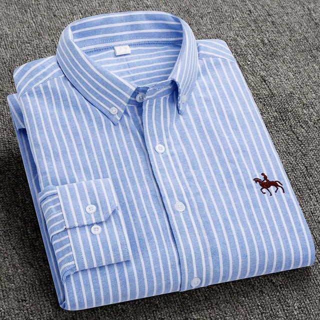 Cotton Oxford Shirt For Men Long Sleeve Plaid Striped Casual Shirts Male Pocket Regular-Fit Button-Down Work Man Dress Shirt