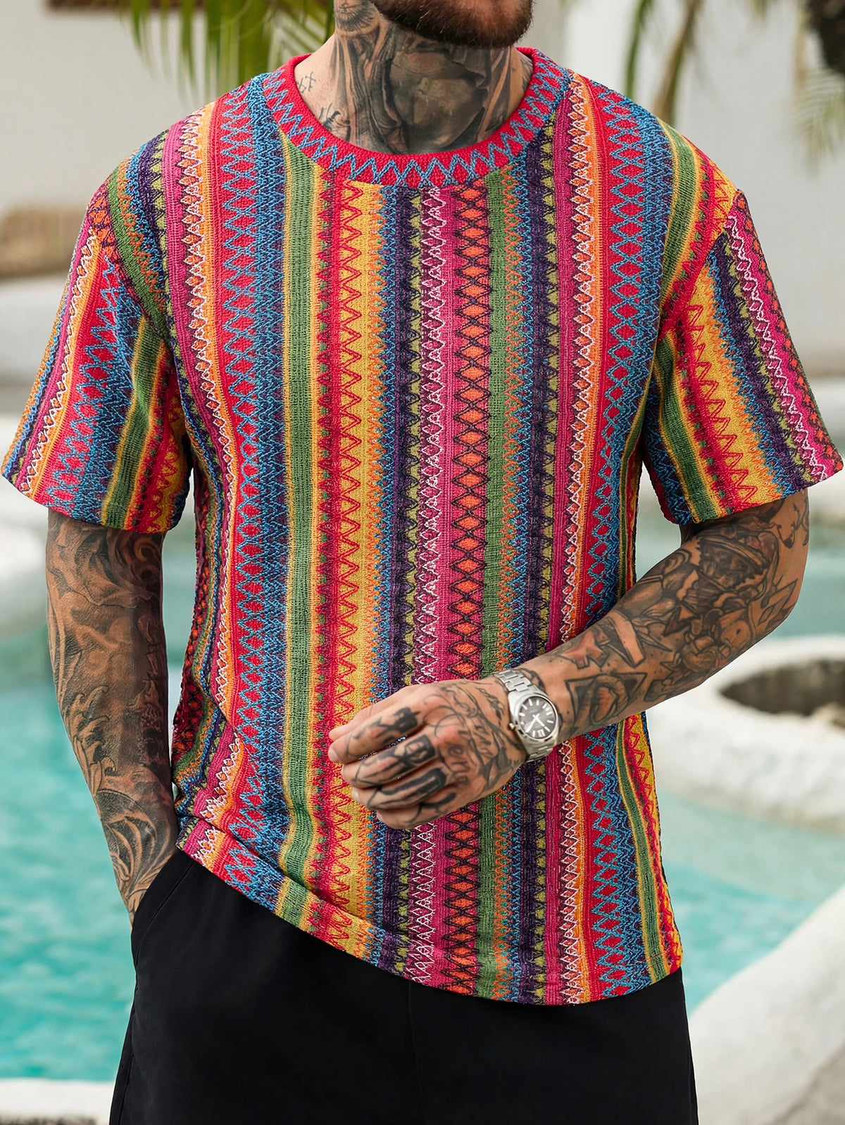 Summer Men's Bohemian Ethnic Jacquard Short-Sleeve T-Shirts, Breathable Knitted Short-Sleeve Shirts for Vacation