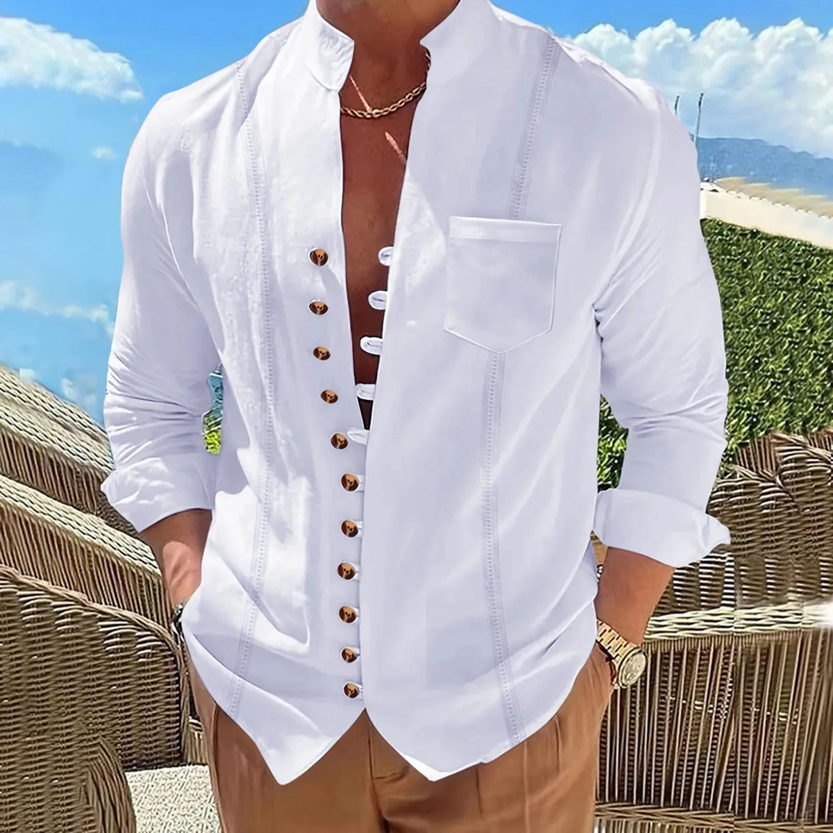 Men's Linen Retro Collar Long Sleeved Shirt, Casual and Comfortable, Multi Button Solid Color Striped Cardigan