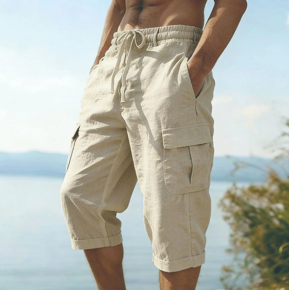 Men Summer Cotton Linen Shorts Retro Multi Pocket Loose Casual Shorts Thin Breathable Outdoor Fishing Travel Beach Short Pants