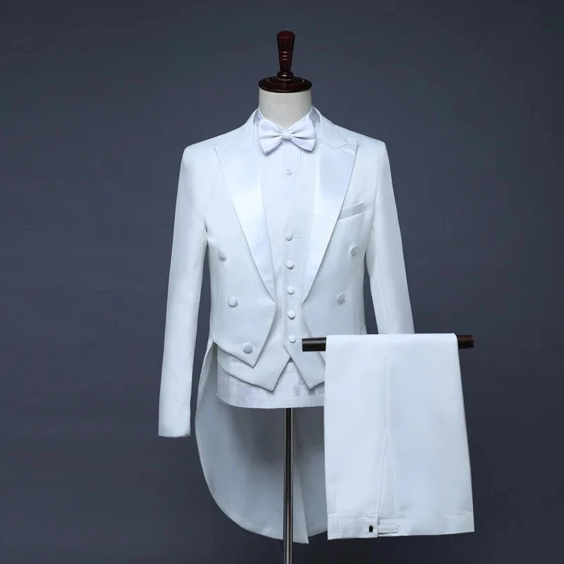 Men's Black Tuxedo Tailcoat Formal Dress Suits 3 Piece ,White Male Jacket and Pants Vest,Party Wedding Dance Magic Performance