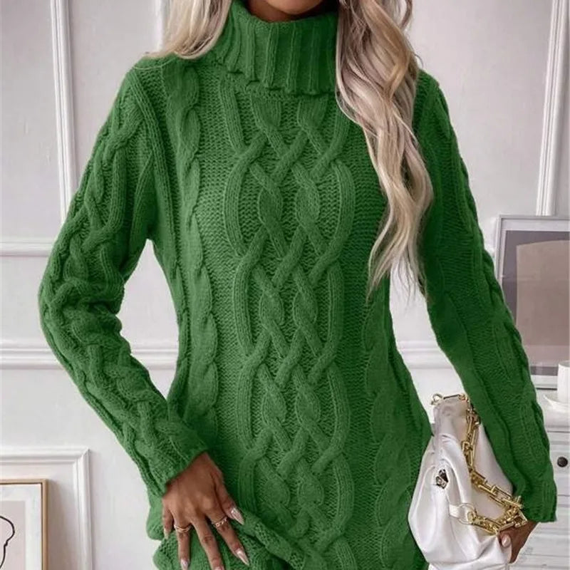 Sweater Dresses Women Autumn Twisted Ribbed Knitted Long Sleeve Turtleneck Mini Casual Solid Dresses Winter Streetwear