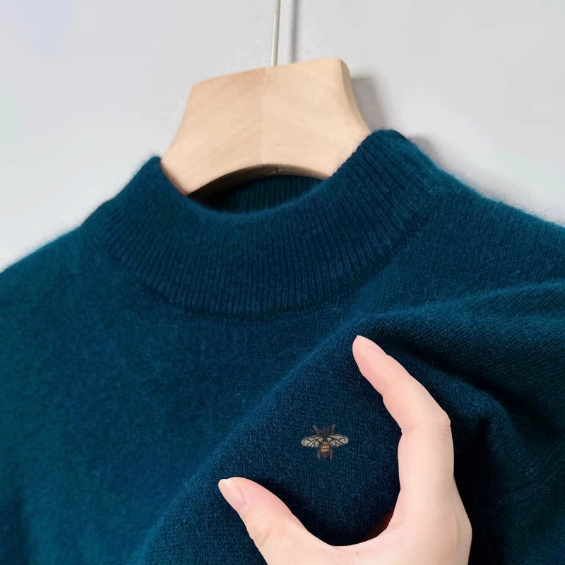 Hot Sale Luxury Brand Men's Sweater Mock-Neck Bee Embroidery Pullover Soft Warm Fashion Exquisite Thick Autumn Winter Men's Wear