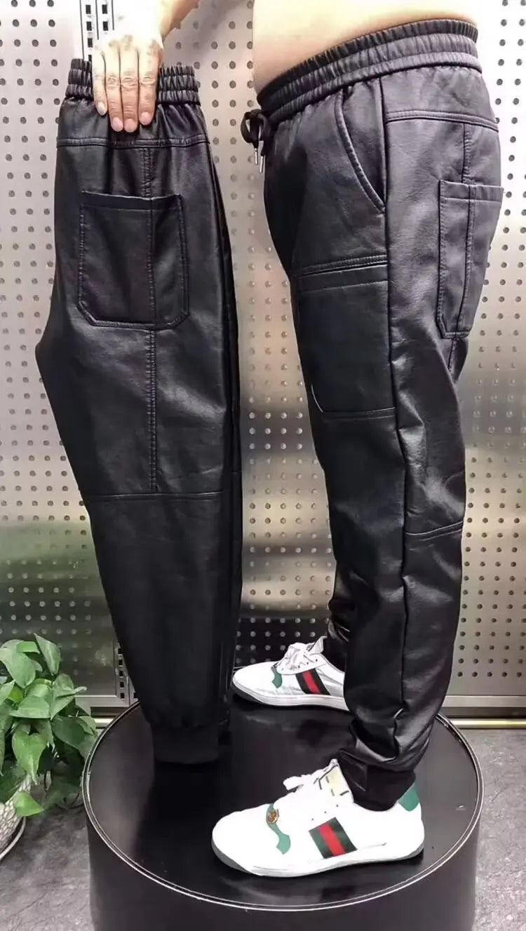 Outdoor Loose Harem Leather Pants Sweatpants Elastic Style Casual Trousers High Quality Luxury Brand Rock Style Men' Pants