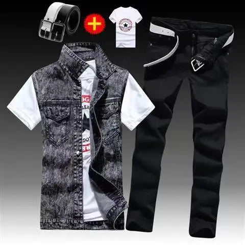 Spring Autumn Mens Thin sleeveless Denim Coat Pencil Pants T-shirts 3pcs Set Jacket Trousers Casual for Male Slim Fit