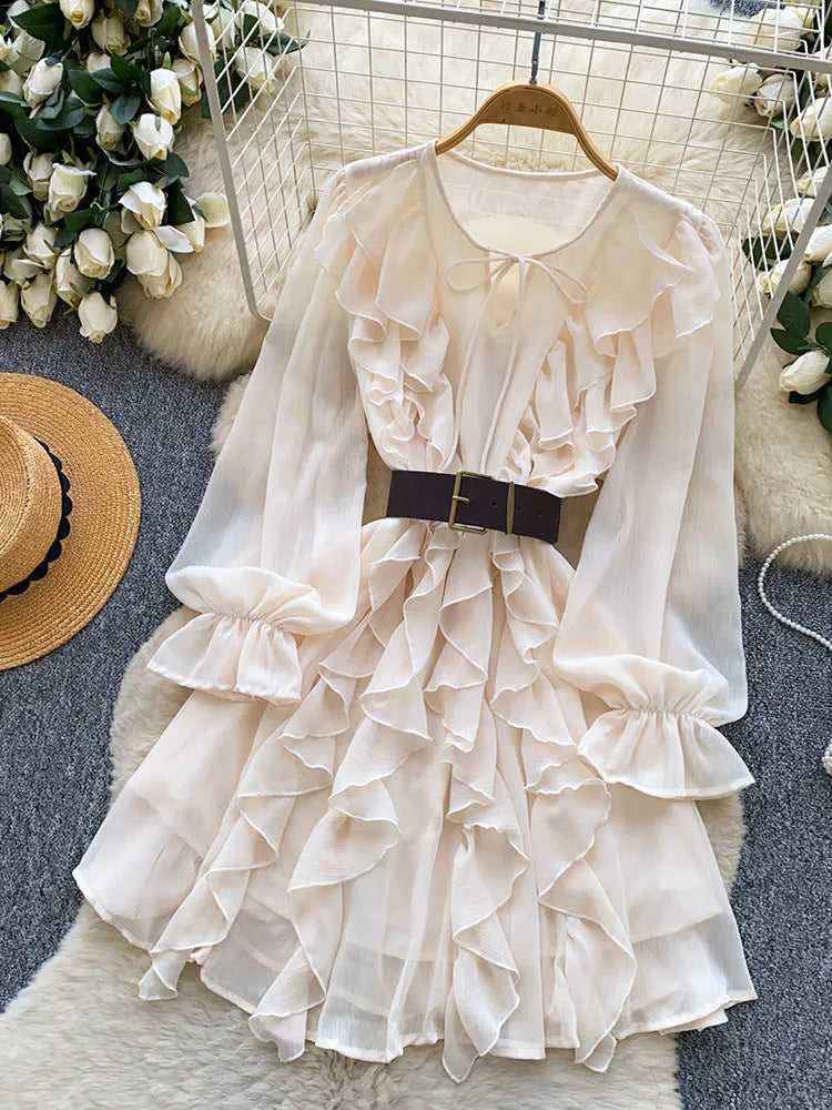 Women  Spring Dress French Elegance Chiffon Ruffle Long Sleeve High-Waist Belted Versatile Office Wear Mid Length Vestidos DS334