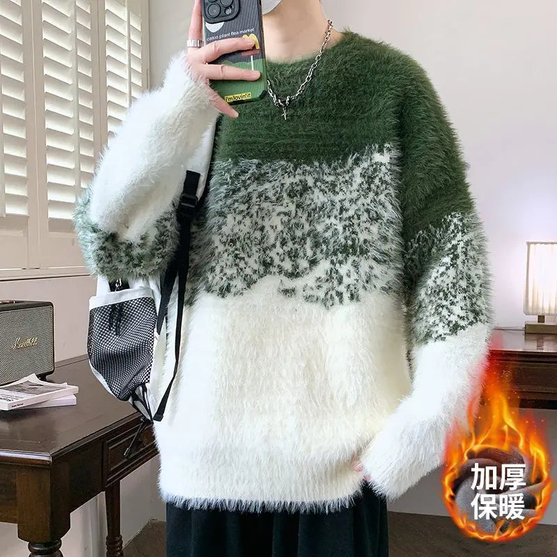 Autumn Winter Men's O Neck Sweater Knitwear Warm Imitation Mink Hair Pullover Loose Gradient Color Casual Plush Thicken Sweater