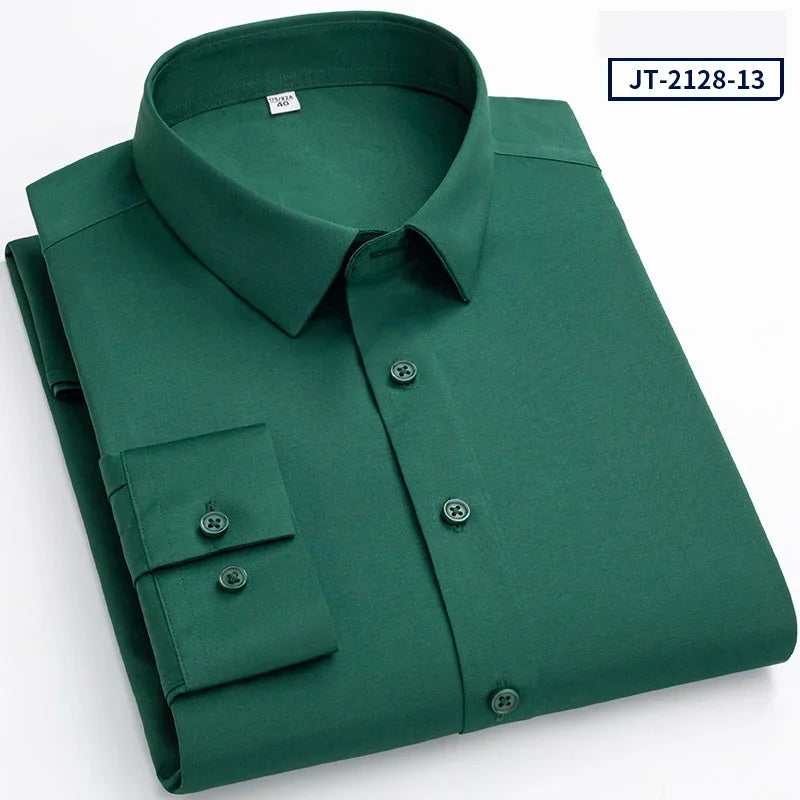 Over Size Solid Color Long-Sleeve Shirts for Men Slim Fit Formal Plain Shirt Elastic Single Pocket Tops Business Dress Clothes