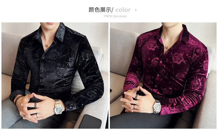 Men's Long Sleeve Velvet Flower Shirt New Luxury Printed Business Casual  Dress Shirts Formal Social Party Turn Down Collar Tops