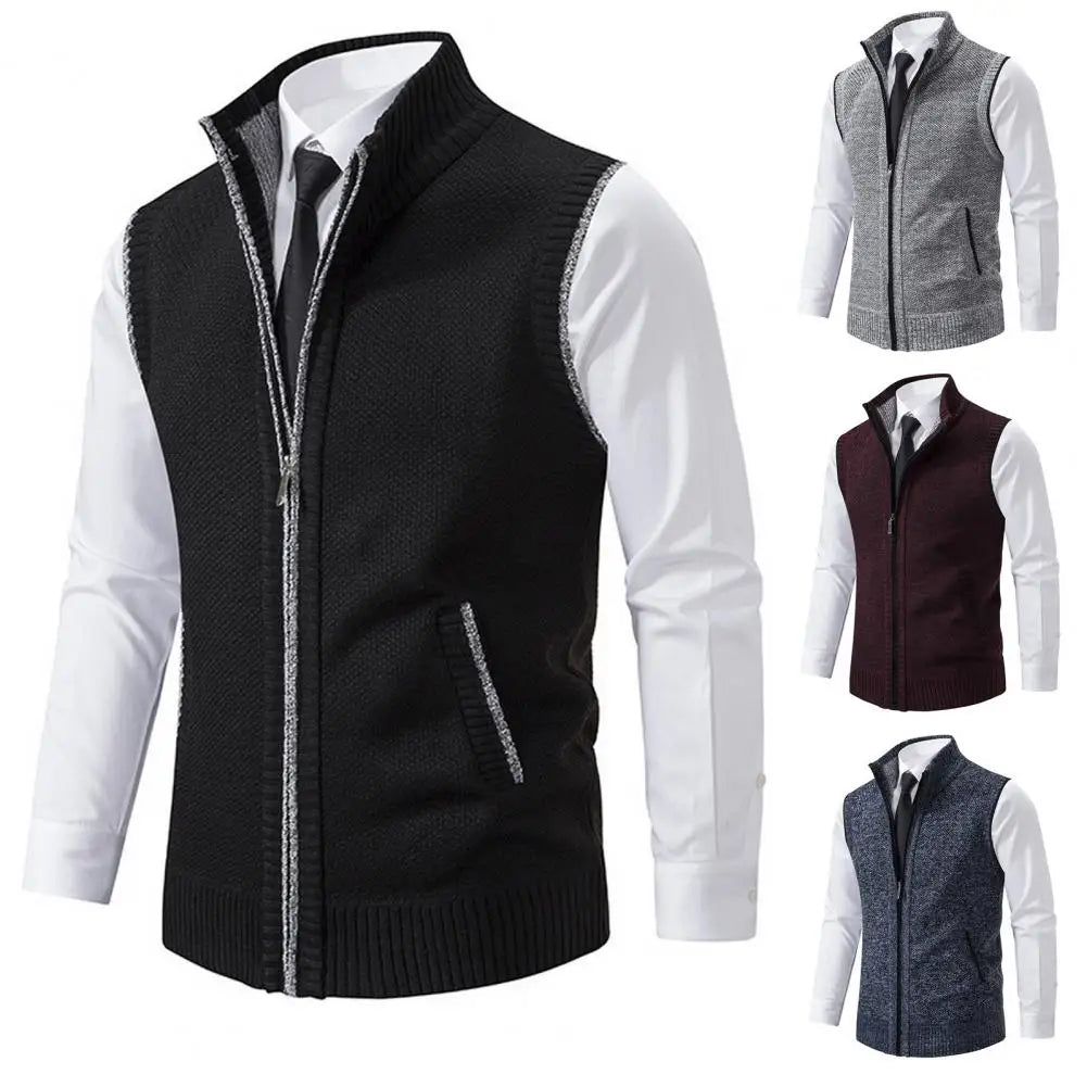 Stylish Zipper Design Sweater Vest Men Sweater Vest Stylish Men's Knitted Zipper Sweater Vest Stand Collar Sleeveless for Work