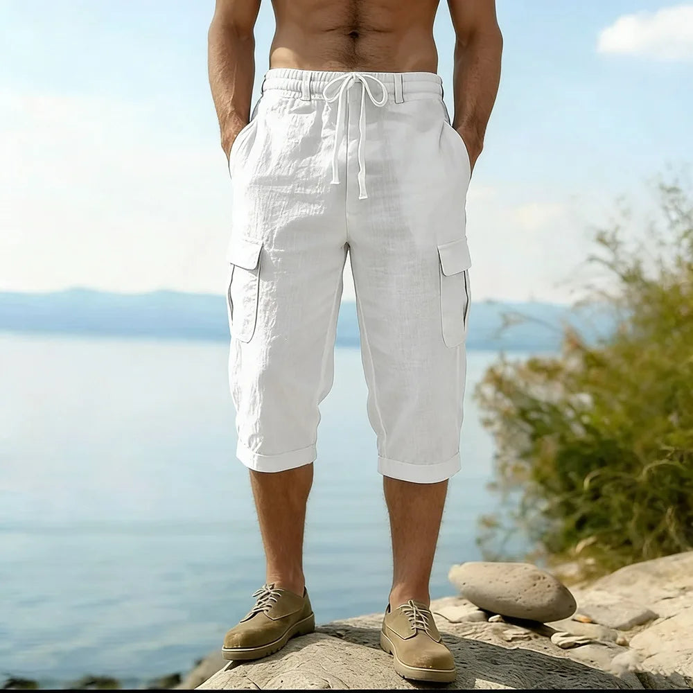 Men Summer Cotton Linen Shorts Retro Multi Pocket Loose Casual Shorts Thin Breathable Outdoor Fishing Travel Beach Short Pants