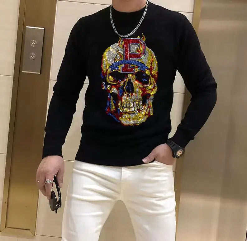 Sweater men designer new round neck luxury brand rhinestones casual top winter plush thick warm knit pullover fashion men's wear