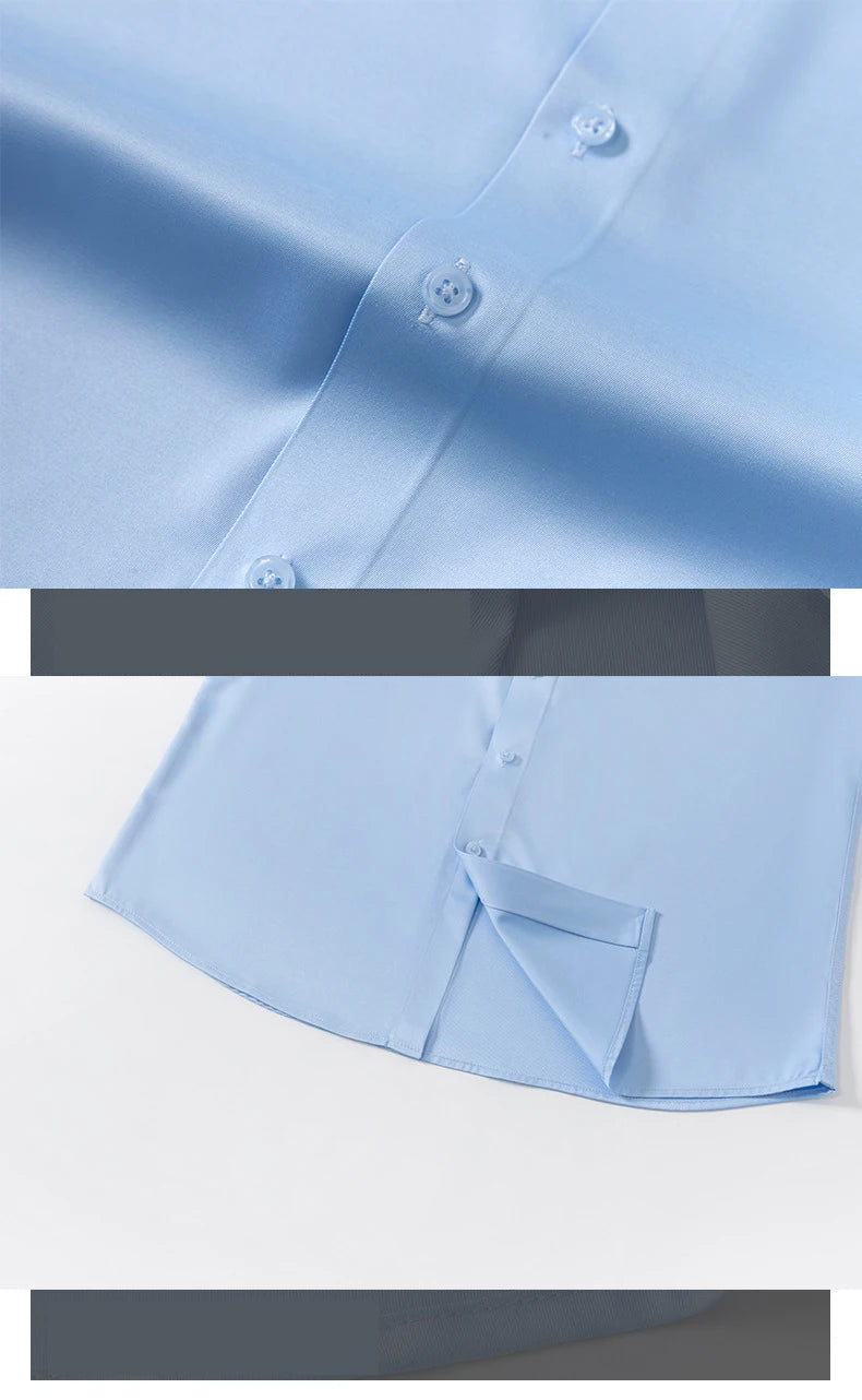 2025 Spring Autumn Royal Blue Silk Satin Long-sleeved Dress Shirts for Men, Navy Blue Business Casual Non-iron Wrinkle Camisas
