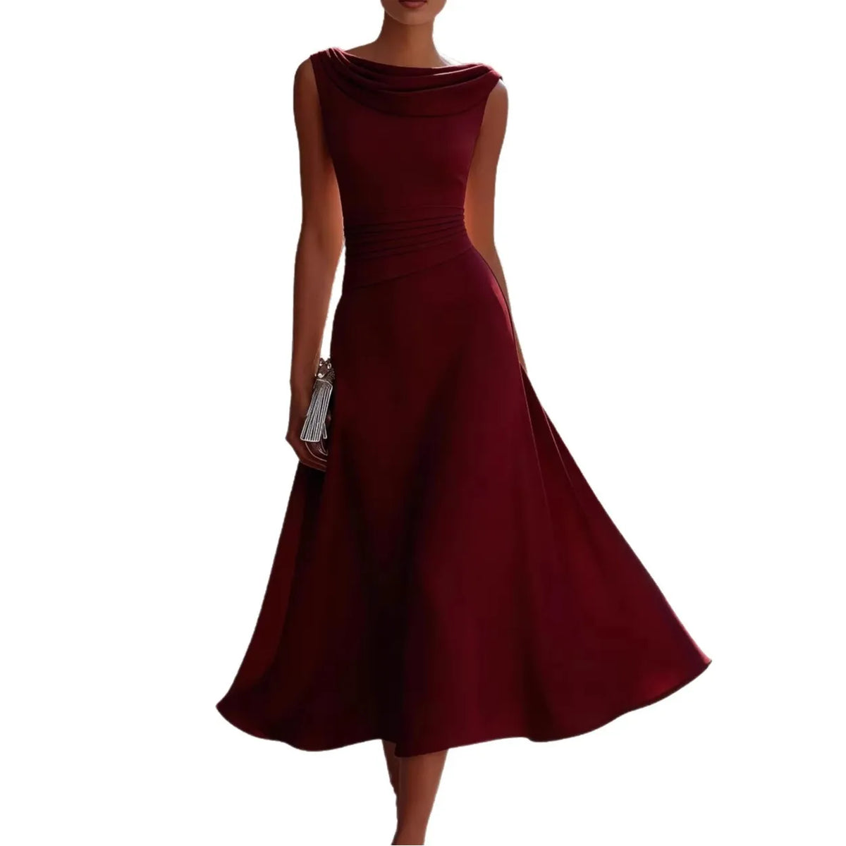Women Draped Cowl Neck Sleeveless Waist Ruched Midi Dress Elegant Formal Wedding Guest Swing Dress