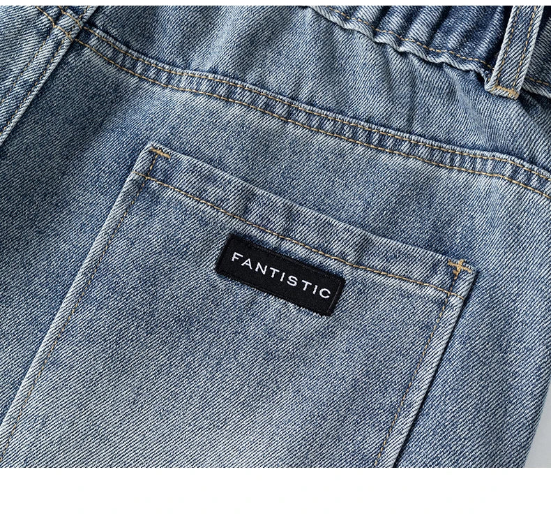 Autumn Casual Men's Straight Jeans Fashion Loose Vintage Elastic Waist Trousers Light Blue Personality Wide Pants Denim Male