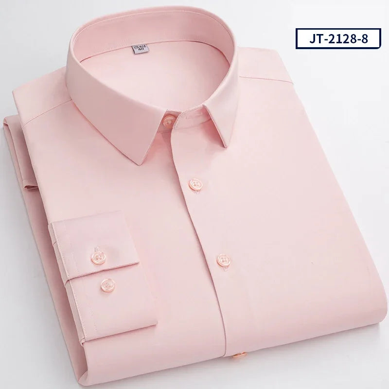 Over Size Solid Color Long-Sleeve Shirts for Men Slim Fit Formal Plain Shirt Elastic Single Pocket Tops Business Dress Clothes