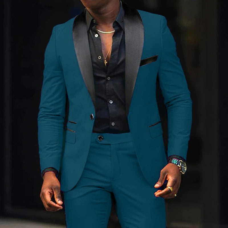 Fashion Men's Suits 2 Pieces Stretch Fabric Double Slit Solid Color Business Slim Dress Blazers Jacket Suit Coat Pants Trousers