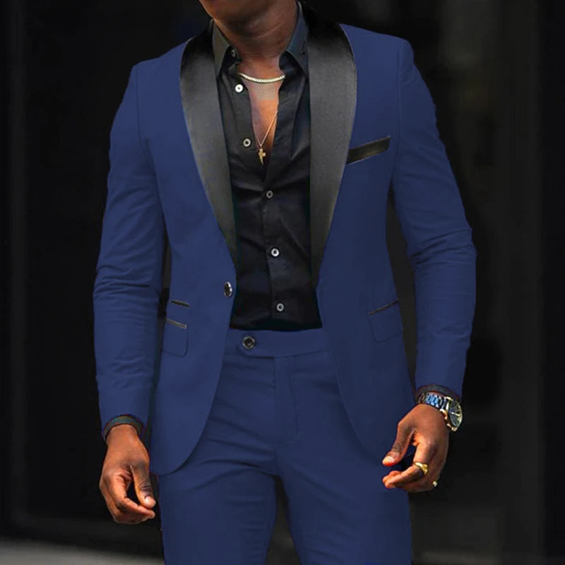 Fashion Men's Suits 2 Pieces Stretch Fabric Double Slit Solid Color Business Slim Dress Blazers Jacket Suit Coat Pants Trousers