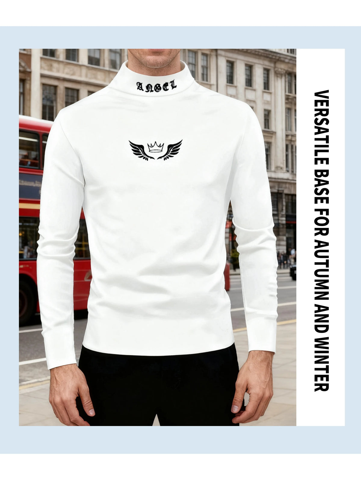 Men's Autumn and Winter Season T-Shirt with Angel Wings, Letter Print on the Neckline, Casual and Comfortable Long-Sleeve Crew N