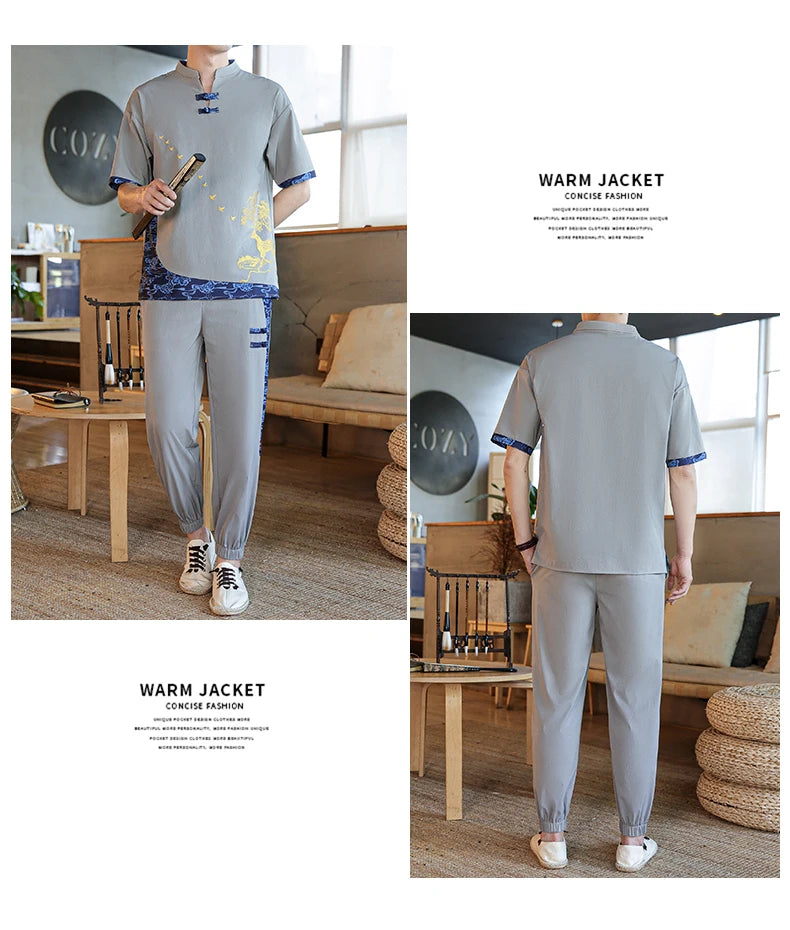 Shirts + Pants summer Cotton linen shorts sleeve shirts Men's Casual Sets Male Fashion trousers and shirts men size M-4XL TZ020