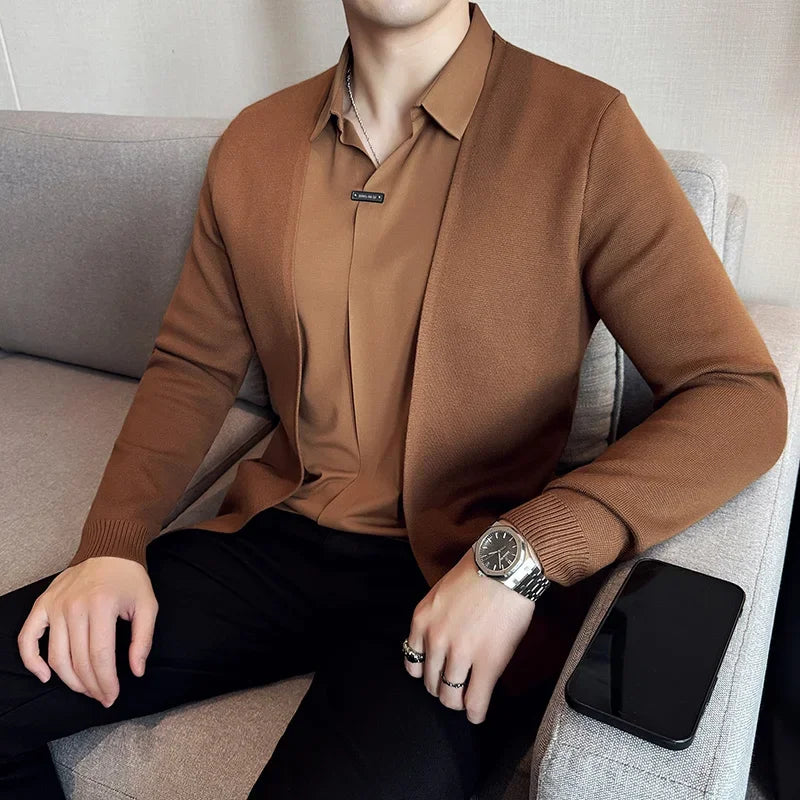 Men Fake Two Pieces Cardigan Sweater 2024 Autumn New Shirt Collar No Trace Casual Sweaters Slim Fit Pull Homme 4XL Mens Clothing