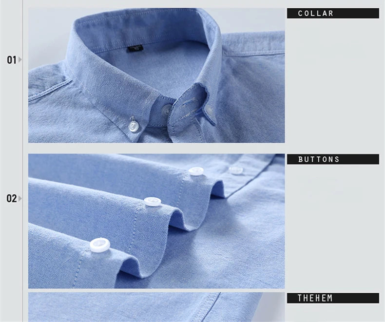 Cotton Oxford Shirt For Men Long Sleeve Plaid Striped Casual Shirts Male Pocket Regular-Fit Button-Down Work Man Dress Shirt