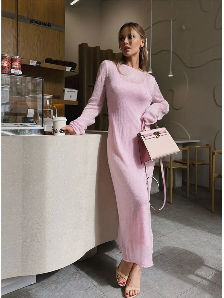 Sweet Pink Mohair Knitted Dress+Vests Dress Women New O-neck Casual Long Sleeve Dresses Suspenders Chic Vintage Two-piece Suit