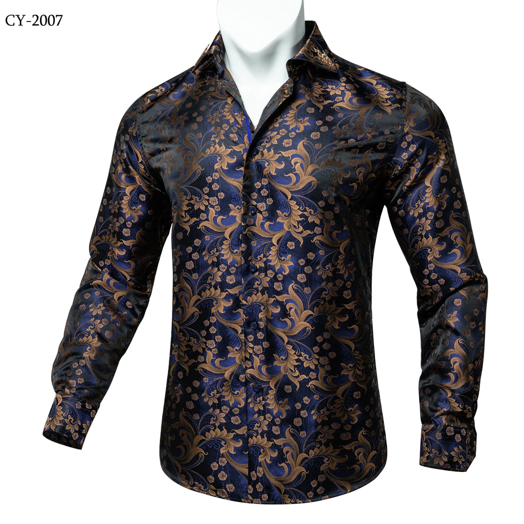 Brand New Men's Royal Blue Business Shirts Luxury Fashion Paisley Long Sleeve Turn-Down Collar Social Shirt Male Casual Blouse