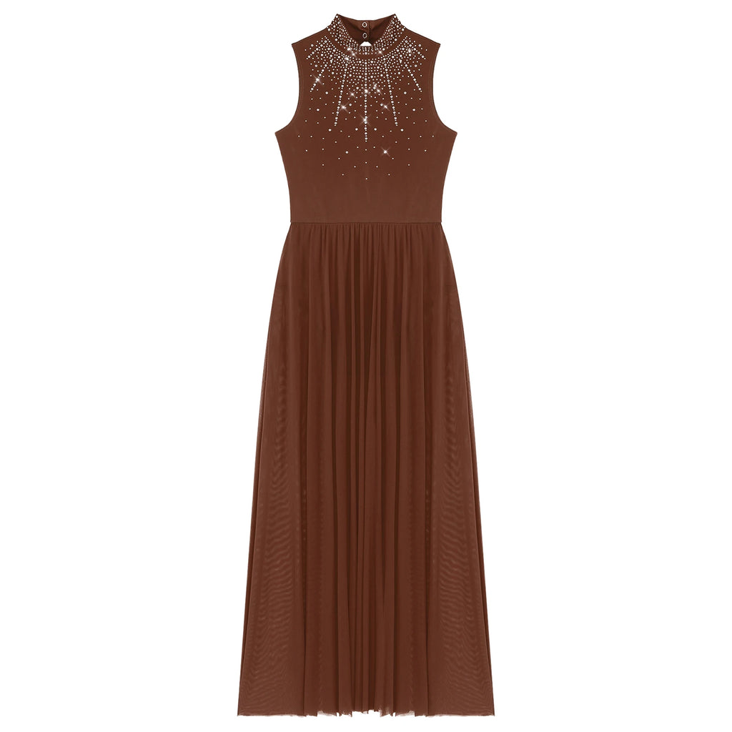 Womens Lyrical Dance Dresses Mock Neck Wide Hemline Shiny Rhinestones Maxi Dress Sleeveless Modern Contemporary Leotard Dresses
