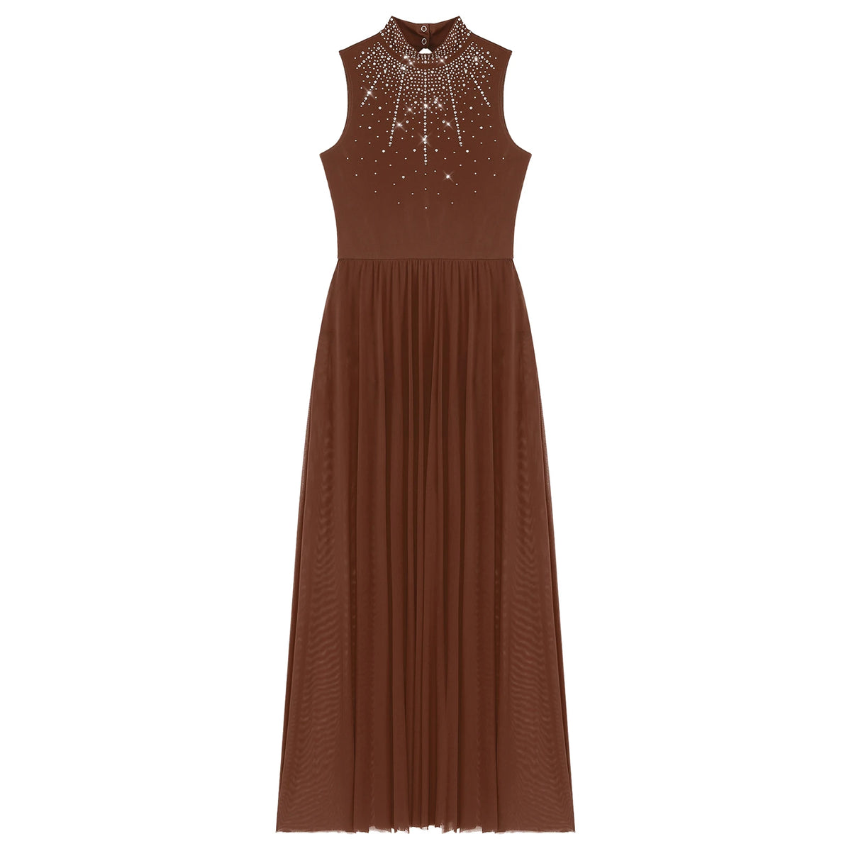 Womens Lyrical Dance Dresses Mock Neck Wide Hemline Shiny Rhinestones Maxi Dress Sleeveless Modern Contemporary Leotard Dresses