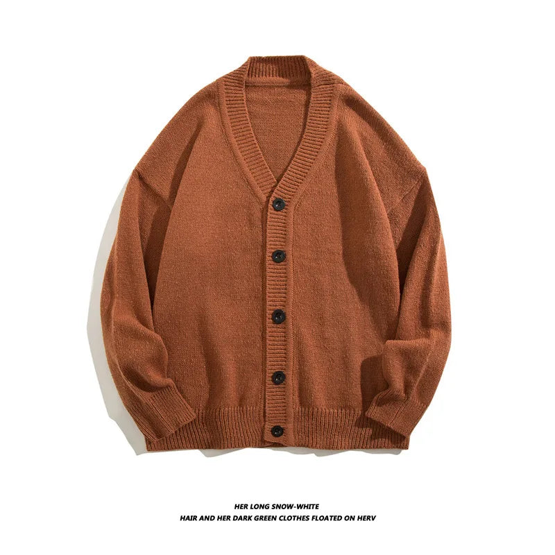 Autumn Winter Men Casual V-Neck Cardigan Sweaters Solid Color Long Sleeve Outerwear Single-breasted Male Loose Knitted Coats