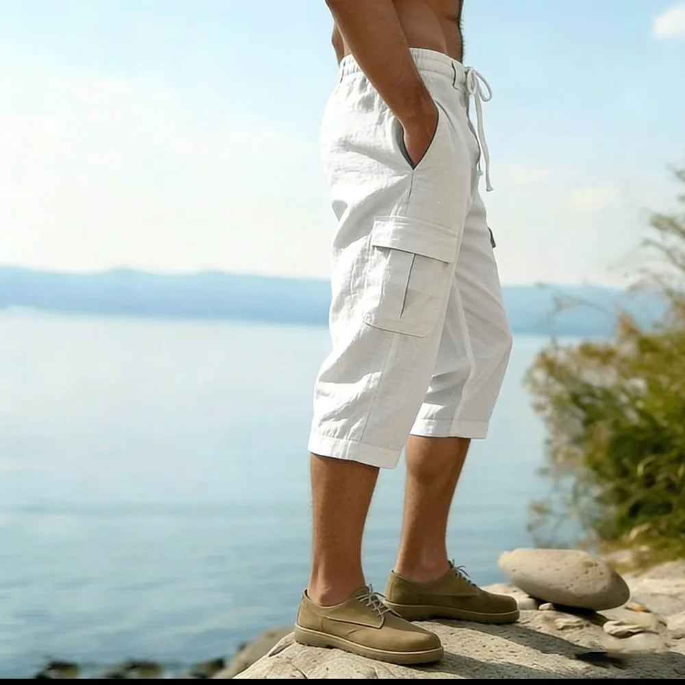 Men Summer Cotton Linen Shorts Retro Multi Pocket Loose Casual Shorts Thin Breathable Outdoor Fishing Travel Beach Short Pants
