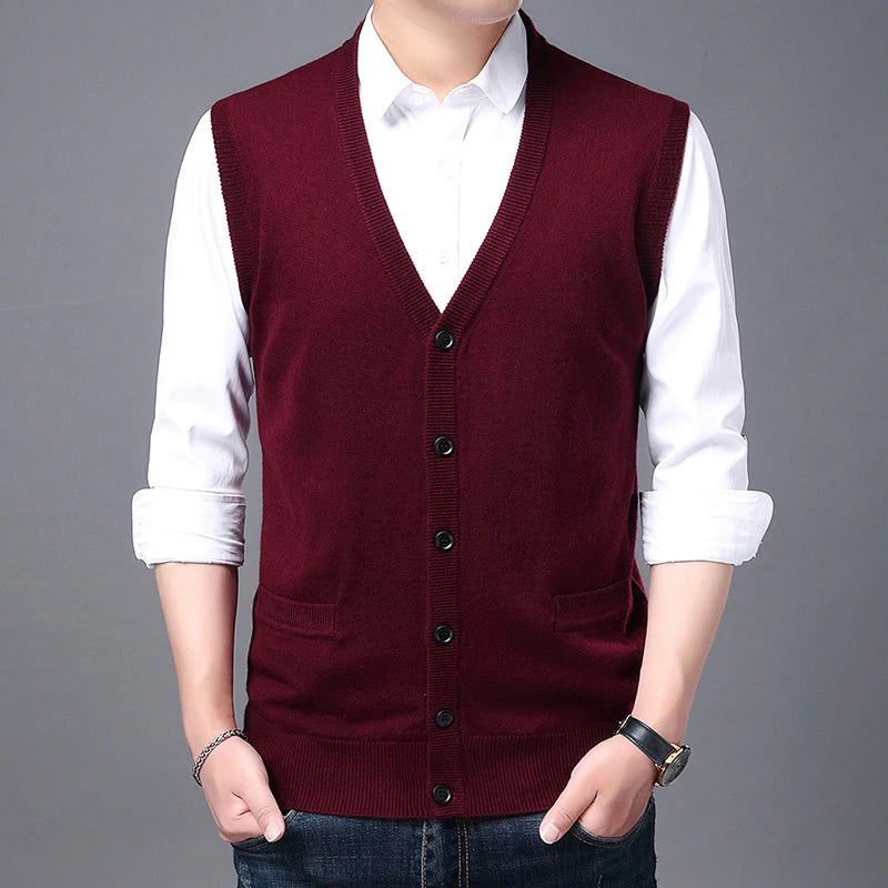 2026 High Quality New Autum Winter Fashion Brand V Neck Knit Korean Vest Christmas Sweater Men Woolen Casual Mens Clothes