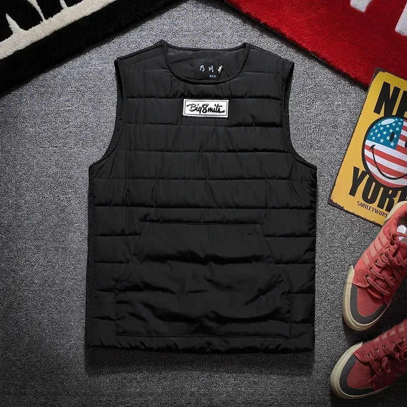 Round Neck Vest Men's Autumn Winter Padded Thickened Thermal Vest Wearing Japanese Fashion Side Zipper Sleeveless Coat Pullover