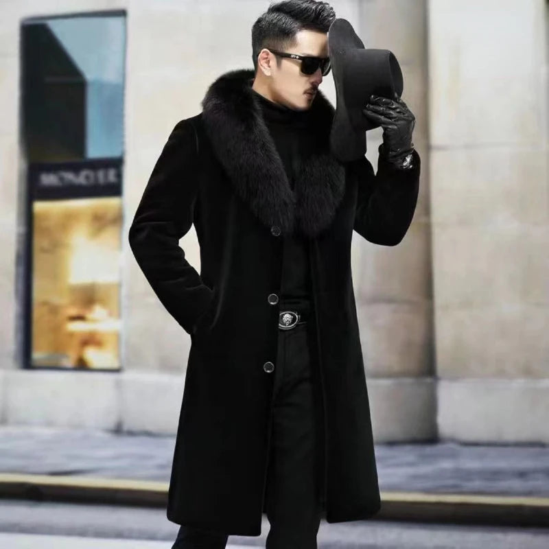 Men Fur Coat Winter Warm Luxury Brand Faux Fur Jacket Black High-end Thick Trench Coat Buttons Long Sleeve Outerwear Jackets New