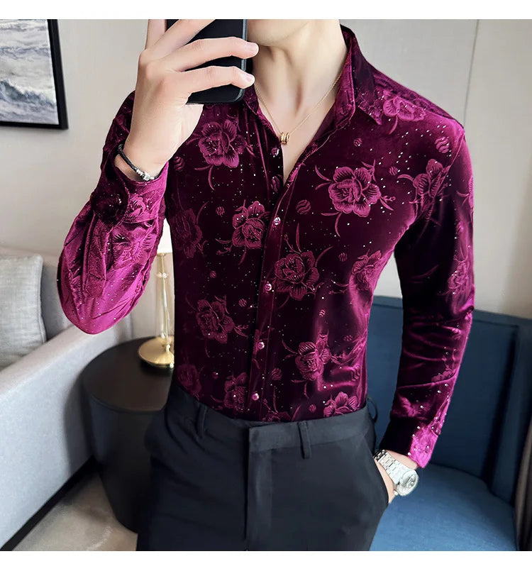 Men's Long Sleeve Velvet Flower Shirt New Luxury Printed Business Casual  Dress Shirts Formal Social Party Turn Down Collar Tops