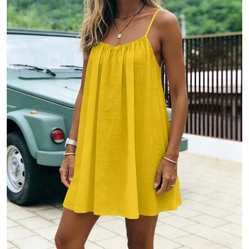 Women's Dress 2026 Summer Arrival Solid Color Fine Strap Flowing A-Line Skirt Casual Vacation Style with Elegant Backless Design