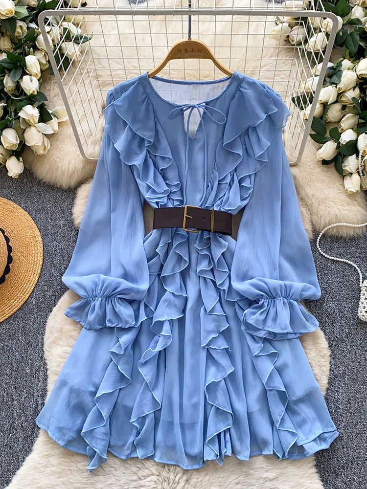 Women  Spring Dress French Elegance Chiffon Ruffle Long Sleeve High-Waist Belted Versatile Office Wear Mid Length Vestidos DS334