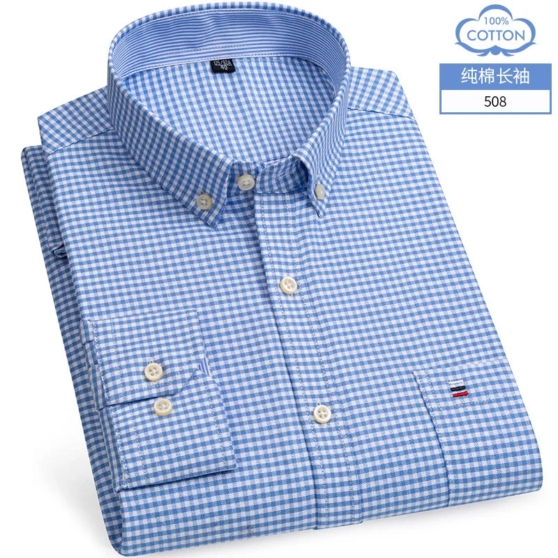 Cotton Oxford Shirt For Men Long Sleeve Plaid Striped Casual Shirts Male Pocket Regular-Fit Button-Down Work Man Dress Shirt