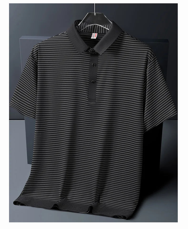 Men's Polo Shirt Summer New Lapel Men's Short Sleeve Polo Shirt Striped Ice Silk Business Casual Men's Polo Shirt M-6XL 7XL 8XL