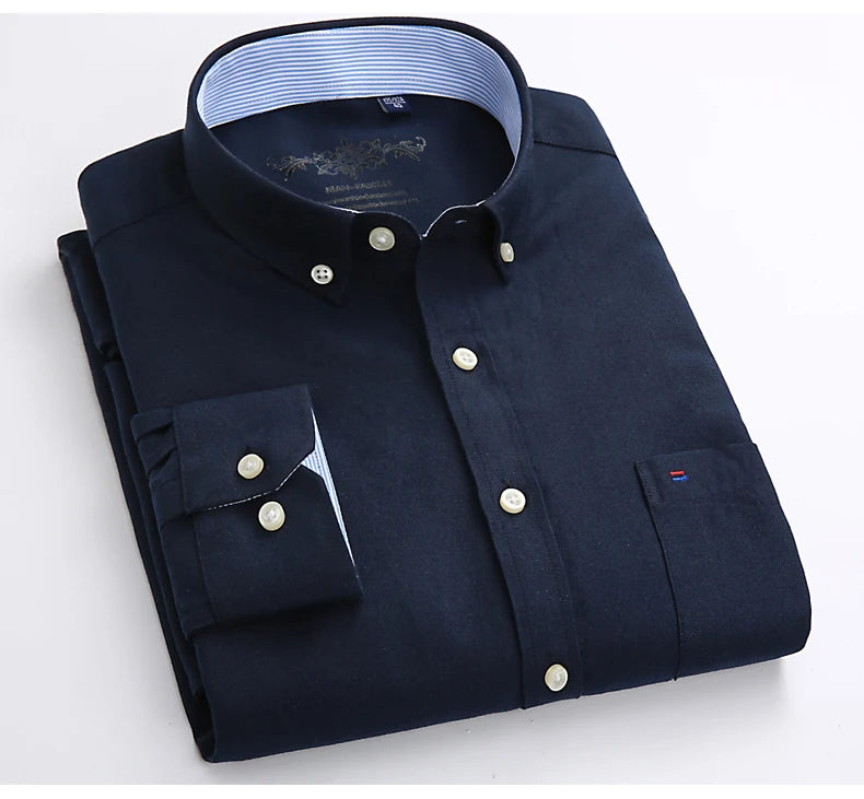 Cotton Oxford Shirt For Men Long Sleeve Plaid Striped Casual Shirts Male Pocket Regular-Fit Button-Down Work Man Dress Shirt